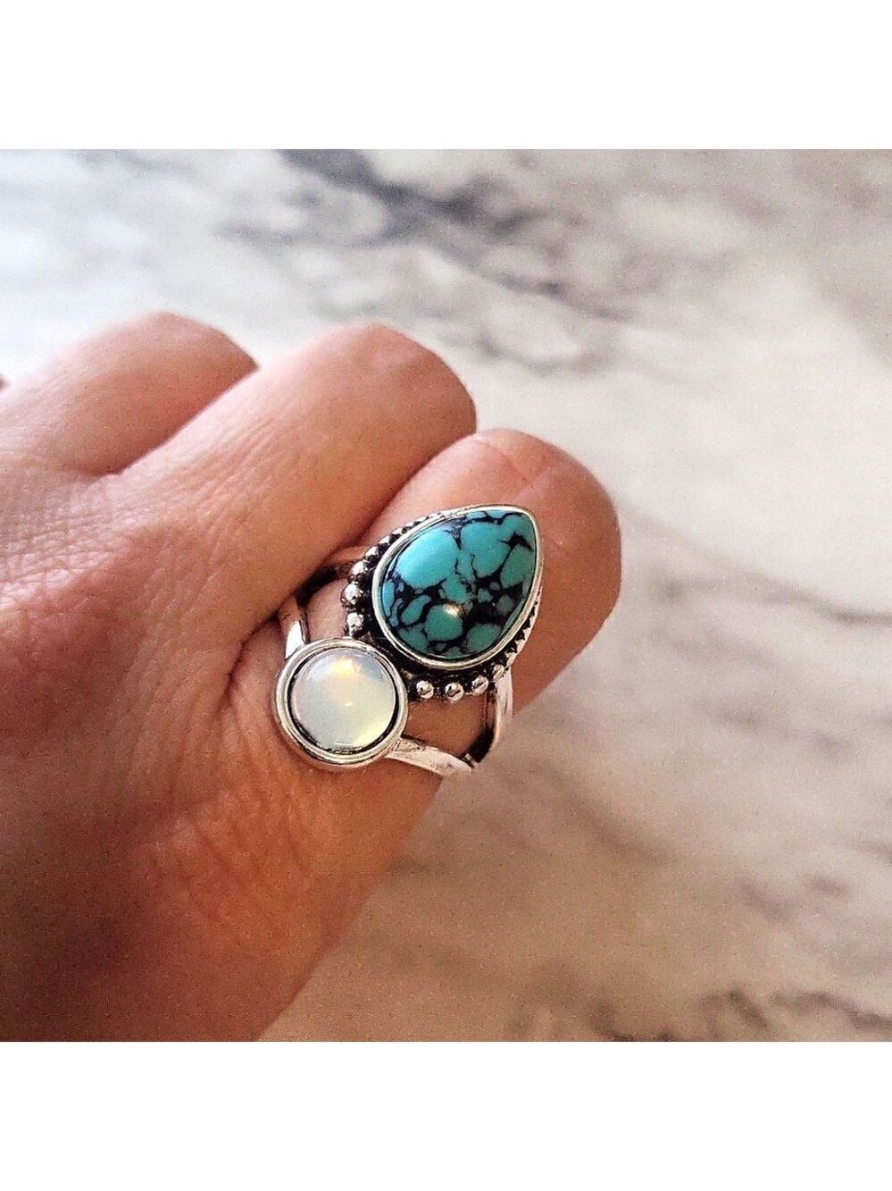 Boho Style Ring Inlaid Waterdrop Shape Turquoise Color Spherical Moonstone Match - Picture 6 of 8